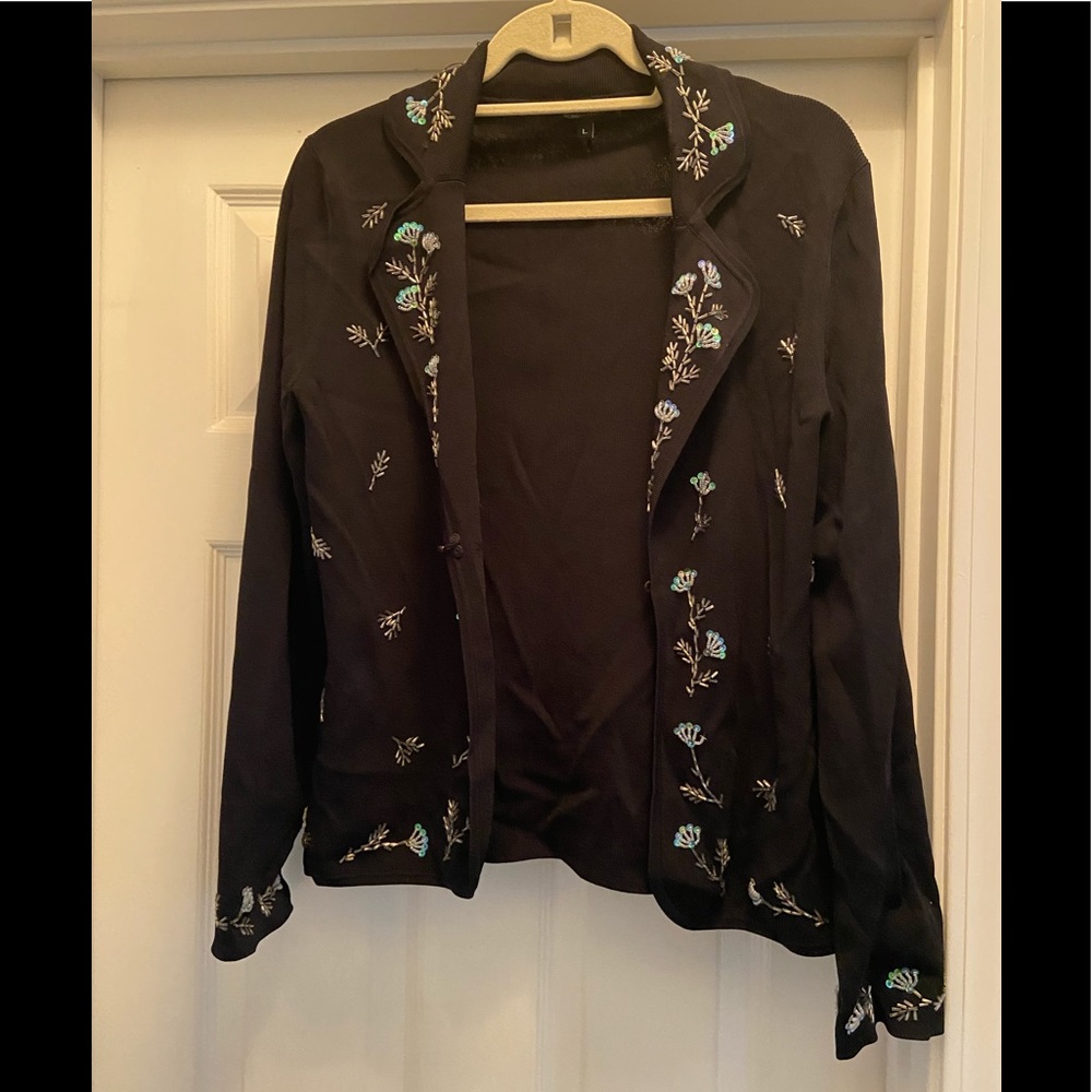 BCBG Maxazria Womens Large Cardigan Open Black Sequins Long Sleeves